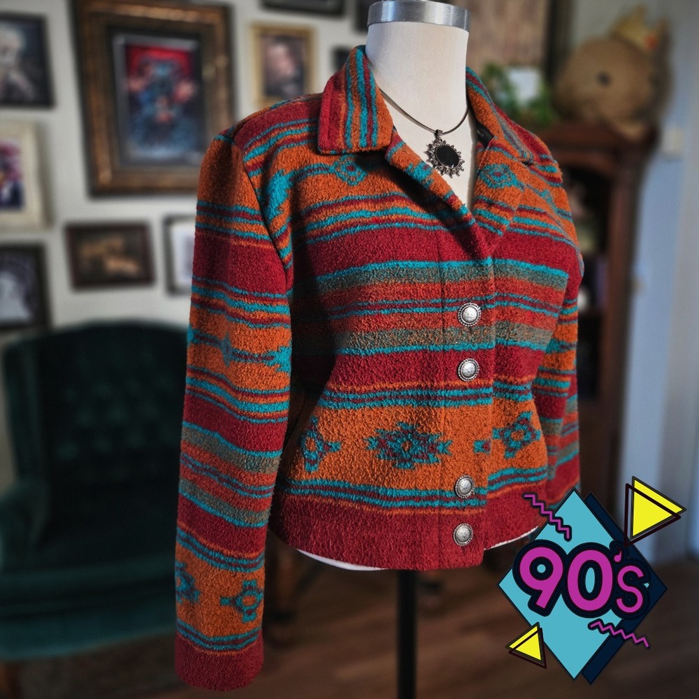 County Clothing Southwestern Jacket Vintage 90s Aztec Print Western Red Medium